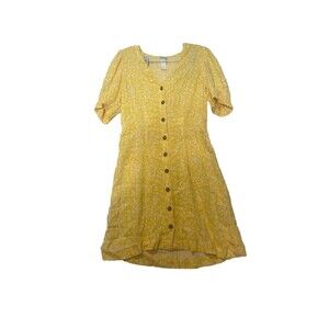 H&M yellow floral button down v-neck puff sleeve dress womens size Small